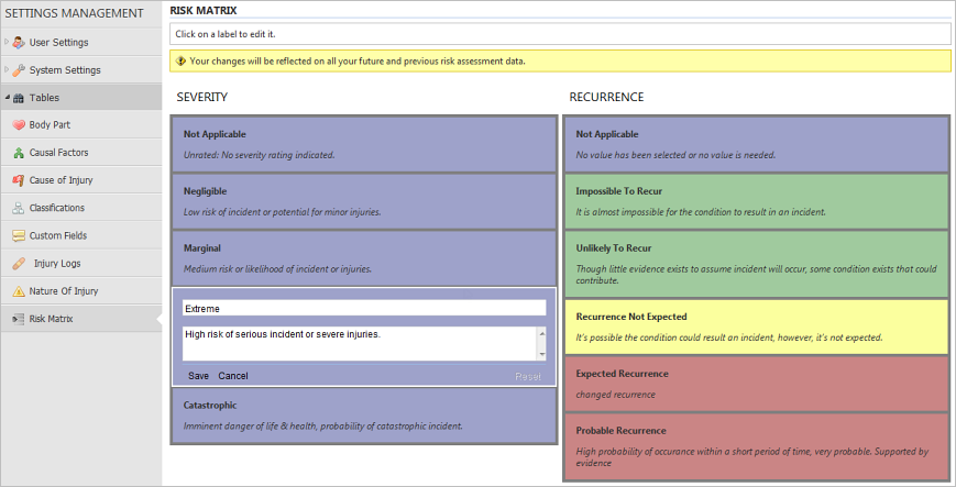 Configuring risk assessment labels and descriptions