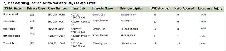 Injuries Accruing Lost or Restricted Work Days report