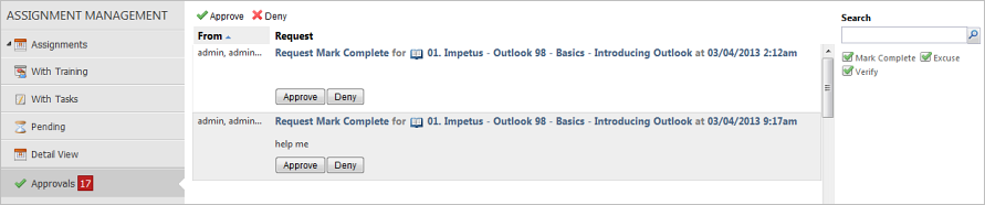 Assignments tab - Approvals