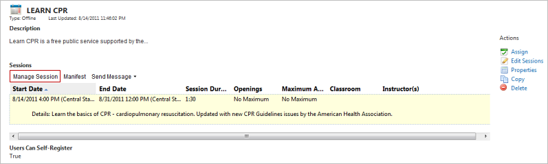 Offline training manage session screen