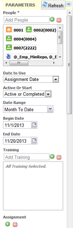 Report parameters panel