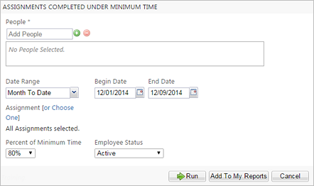 Assignments Completed Under Minimum Time report parameters