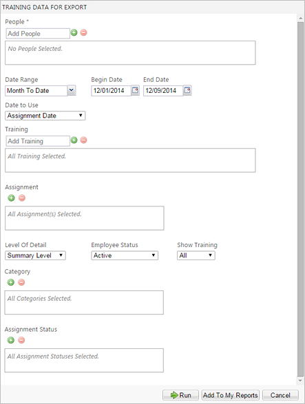 Training Data for Export report parameters
