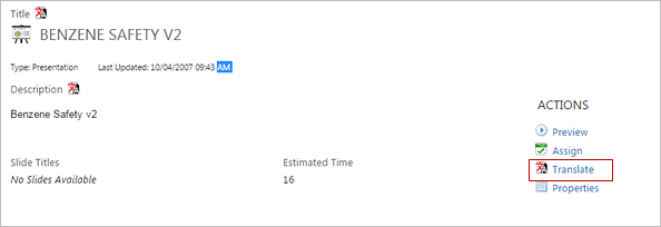 Translate in Actions menu